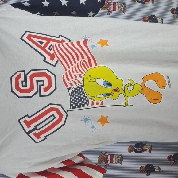 Vintage 90s Tweety Bird USA Warner Bros patriotic one size casual white t-shirt - Picture 2 of 8